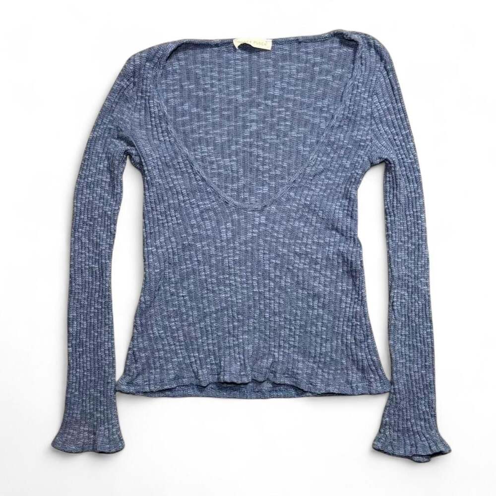 Honey Punch Heathered Blue Ribbed Deep V-Neck Top